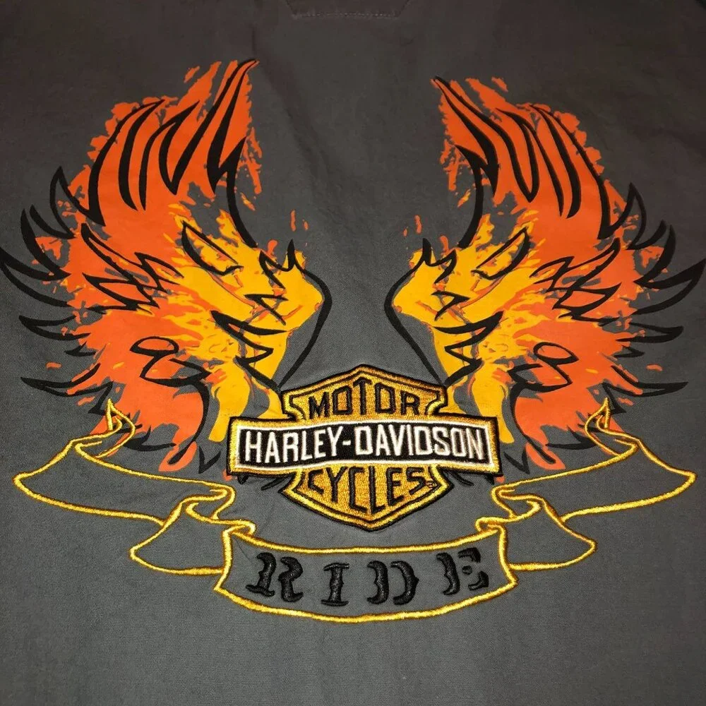 HARLEY DAVIDSON BUTTON WINGS SHIRT SZ XL GRAY BIKER MOTORCYCLE EMBROIDERED MENS - Picture 2 of 5